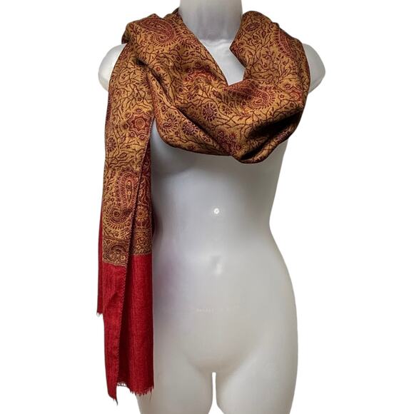 Pink Dot Collection 100% Wool Scarf Wrap Pashmina Magenta Tan Paisley 85” x 21” - Picture 2 of 6